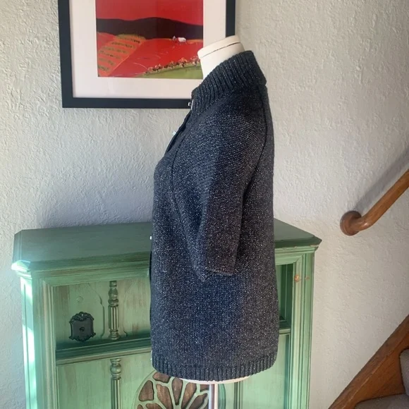 Tory Burch metallic cardigan with faux leather trim and toggle closures. - Picture 4 of 9